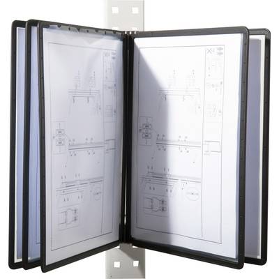 Een open vitrine-displaysysteem met technische tekeningen op meerdere pagina's, gemonteerd aan een verticale staaf.