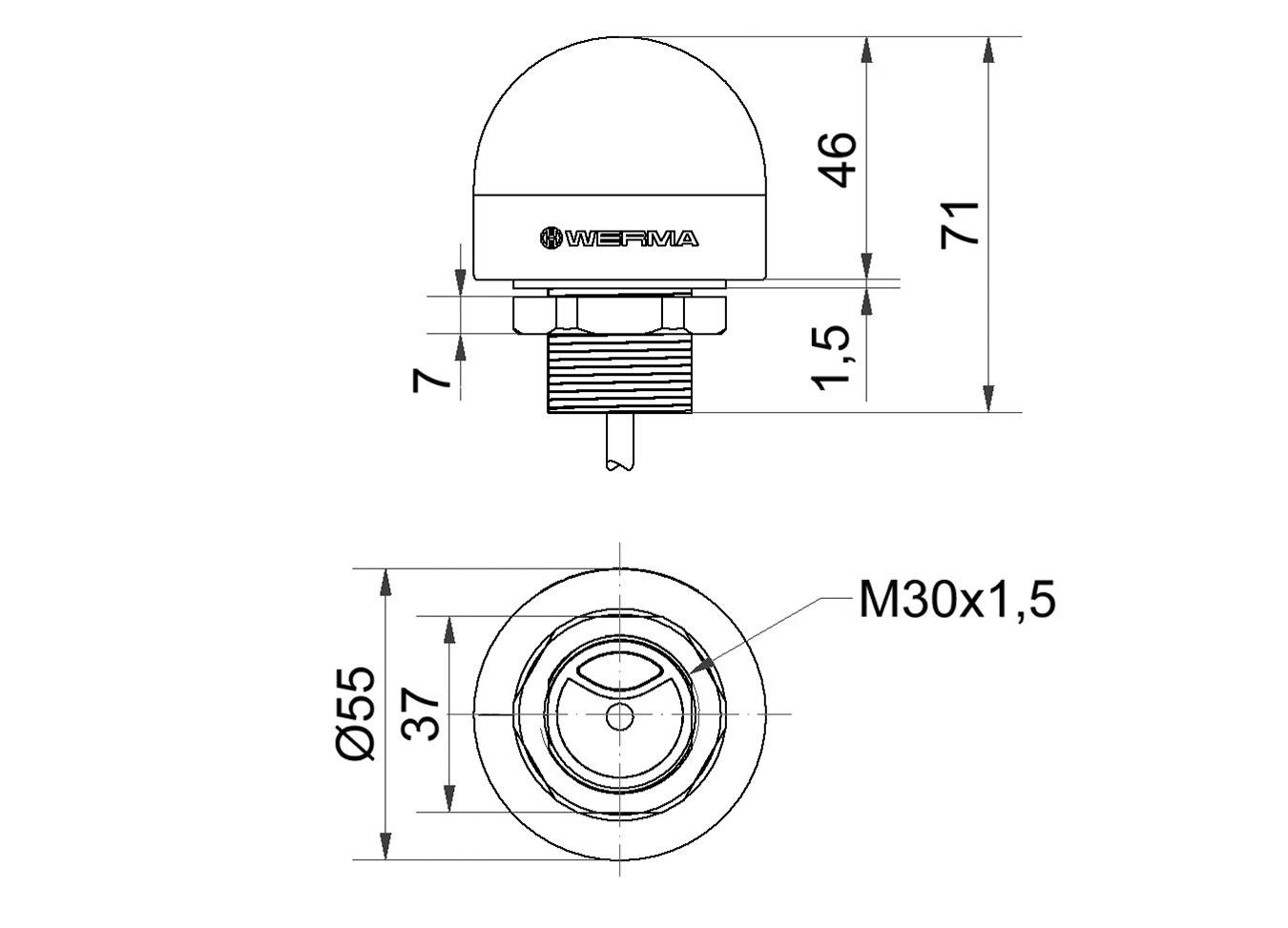 Technische tekening van een onderdeel met afmetingen. Boven: hoogte 71 mm, diameter 55 mm. Onder: M30 schroefdraad, diameter 37 mm.