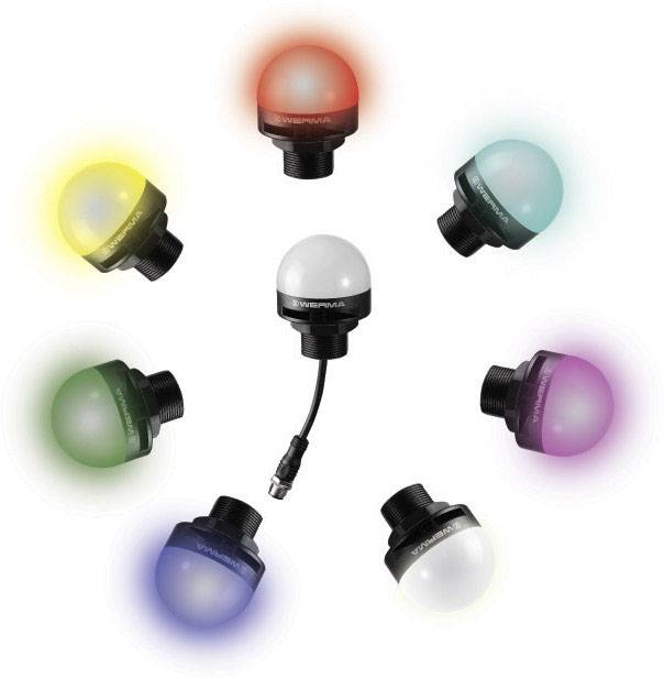 Een lamp in het midden wordt omringd door zes andere lampen die in verschillende kleuren oplichten: rood, blauw, groen, geel, paars en turkoois.