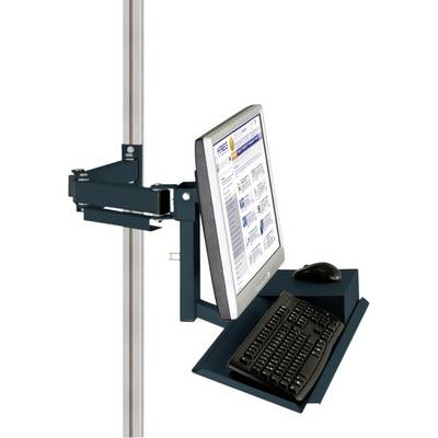 Afbeelding van een computerworkstation met monitor, toetsenbord en muis. De monitor toont een website. Gemonteerd aan een metalen stang.