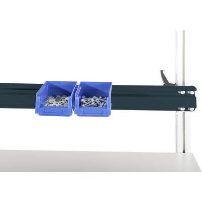 Twee blauwe containers aan een zwart rek, de linker container bevat sluitringen, de rechter container bevat schroeven.