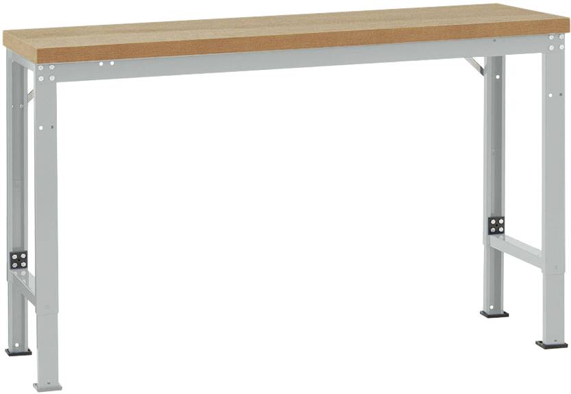 Een stabiele, rechthoekige werktafel met een houten oppervlak en metalen poten. Ideaal voor werkplaats- of knutselwerkzaamheden.