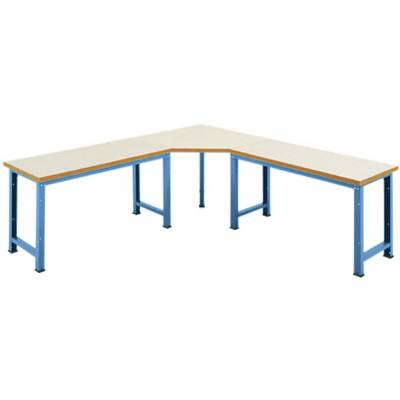 Een L-vormige tafel met blauwe metalen poten en een lichte tafelblad, geschikt voor kantoren of werkruimtes.