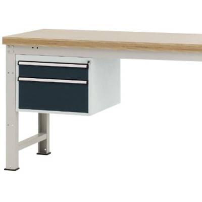 Bureau met twee laden onder het werkblad, houten oppervlak en een stevig metalen frame.