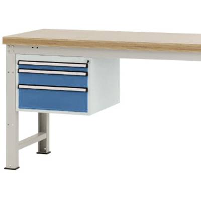 Een werkbureau met twee blauwe laden onder het blad. Het blad is van hout, de poten zijn van metaal.
