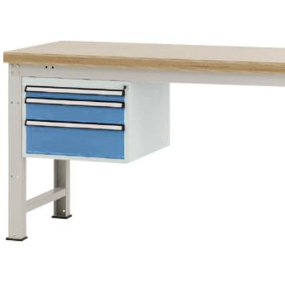 Een werktafel met een houten blad en een blauwe ladeunit eronder, bevestigd aan een metalen frame.