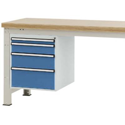 Een werktafel met een houten oppervlak en drie blauwe laden aan de linkerkant. Geschikt voor gebruik in een werkplaats of kantoor.