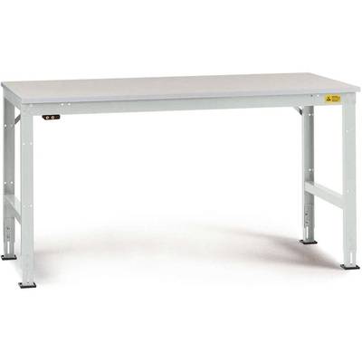 Een verstelbare werktafel van metaal met een glad, licht werkblad. Geschikt voor werkplaatsen of laboratoria.