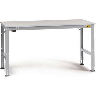 Grijze, rechthoekige tafel met verstelbare metalen poten, geschikt voor werkplaatsen of kantoren.