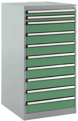 Een hoge kast met tien groene laden. Elke lade heeft een zilveren handgreep. De kast staat voor een witte achtergrond.