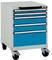 Een mobiele gereedschapswagen met vier blauwe laden op wielen, ideaal voor het opbergen en gemakkelijk verplaatsen van gereedschappen.