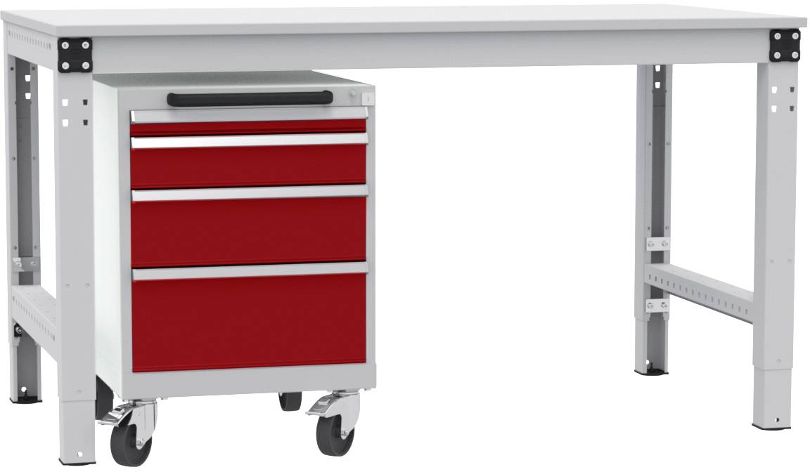 Een grijze werktafel met daaronder een rode verrijdbare rolcontainer met drie laden.