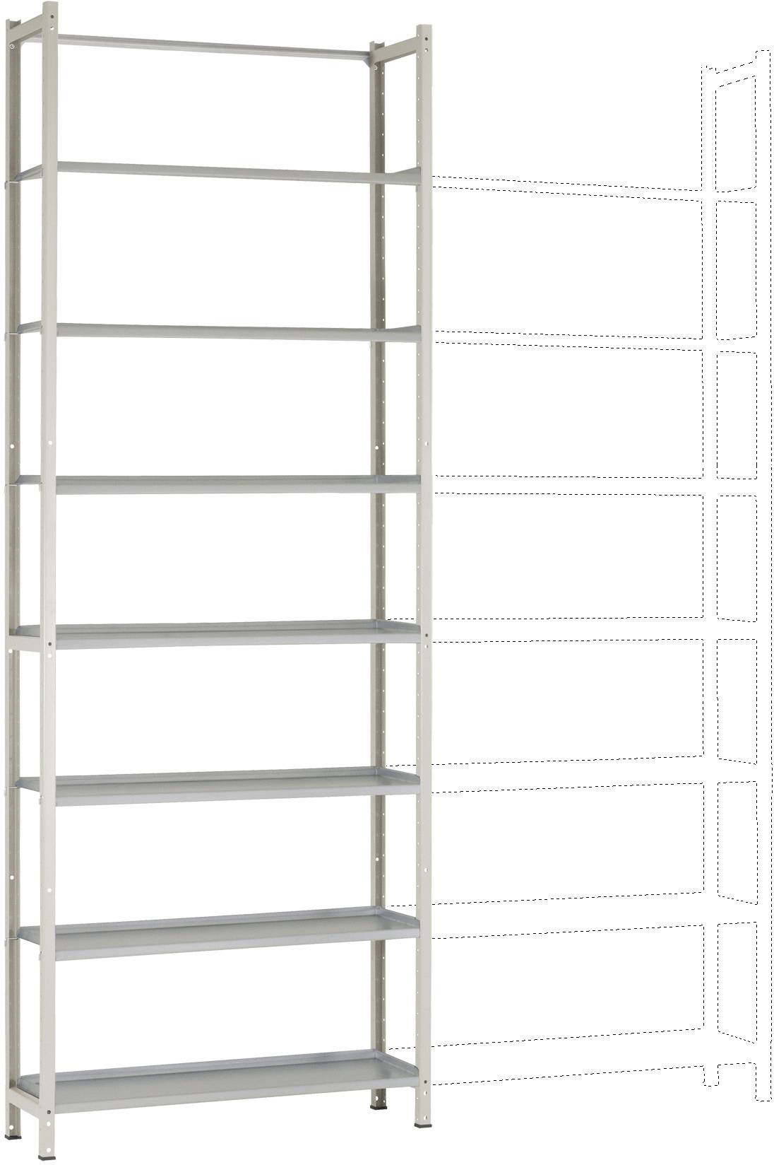 Een hoog, vrijstaand rek met zeven schappen. Rechts zijn stippellijnen die een mogelijkheid tot uitbreiding aangeven.