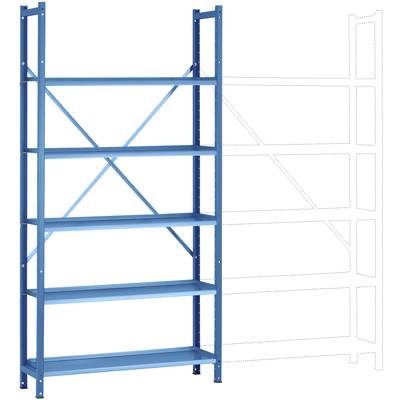 Blauw metalen rek met vijf verstelbare schappen, geschikt voor opslag in garages of werkplaatsen.