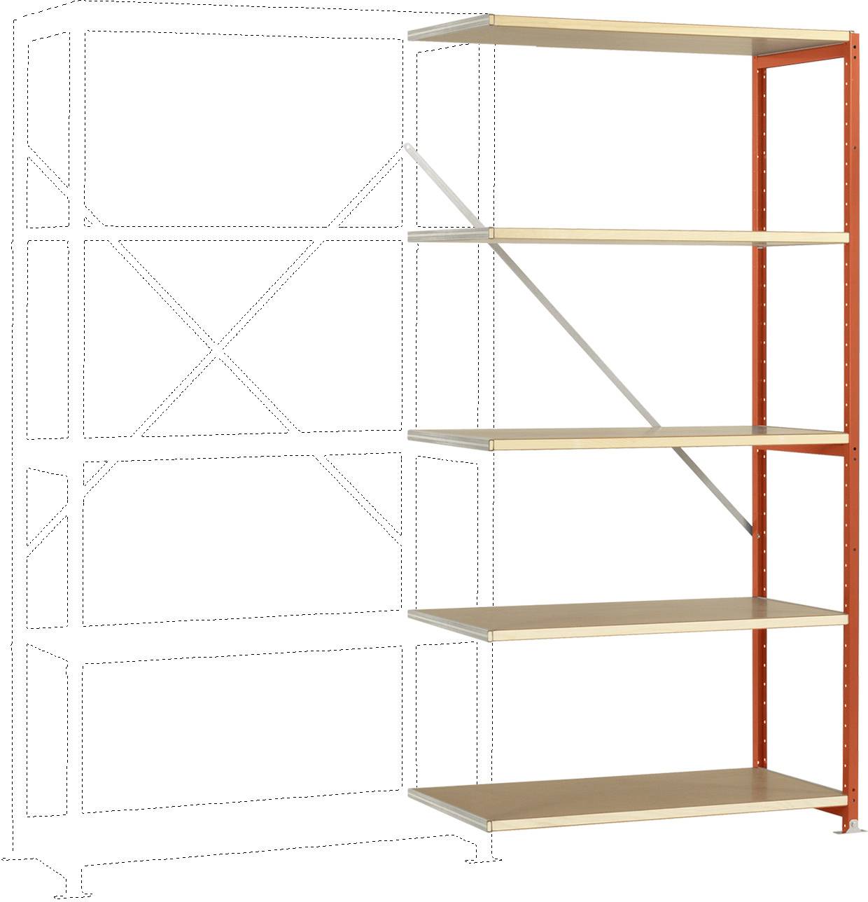 'Houten rek met vijf open schappen en een rood metalen frame, gedeeltelijk in elkaar gezet, met ruimte voor uitbreiding.'