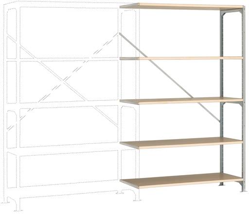 Een metalen rek met vijf houten planken, gedeeltelijk transparant weergegeven om de uitbreidbaarheid van het systeem te verduidelijken.