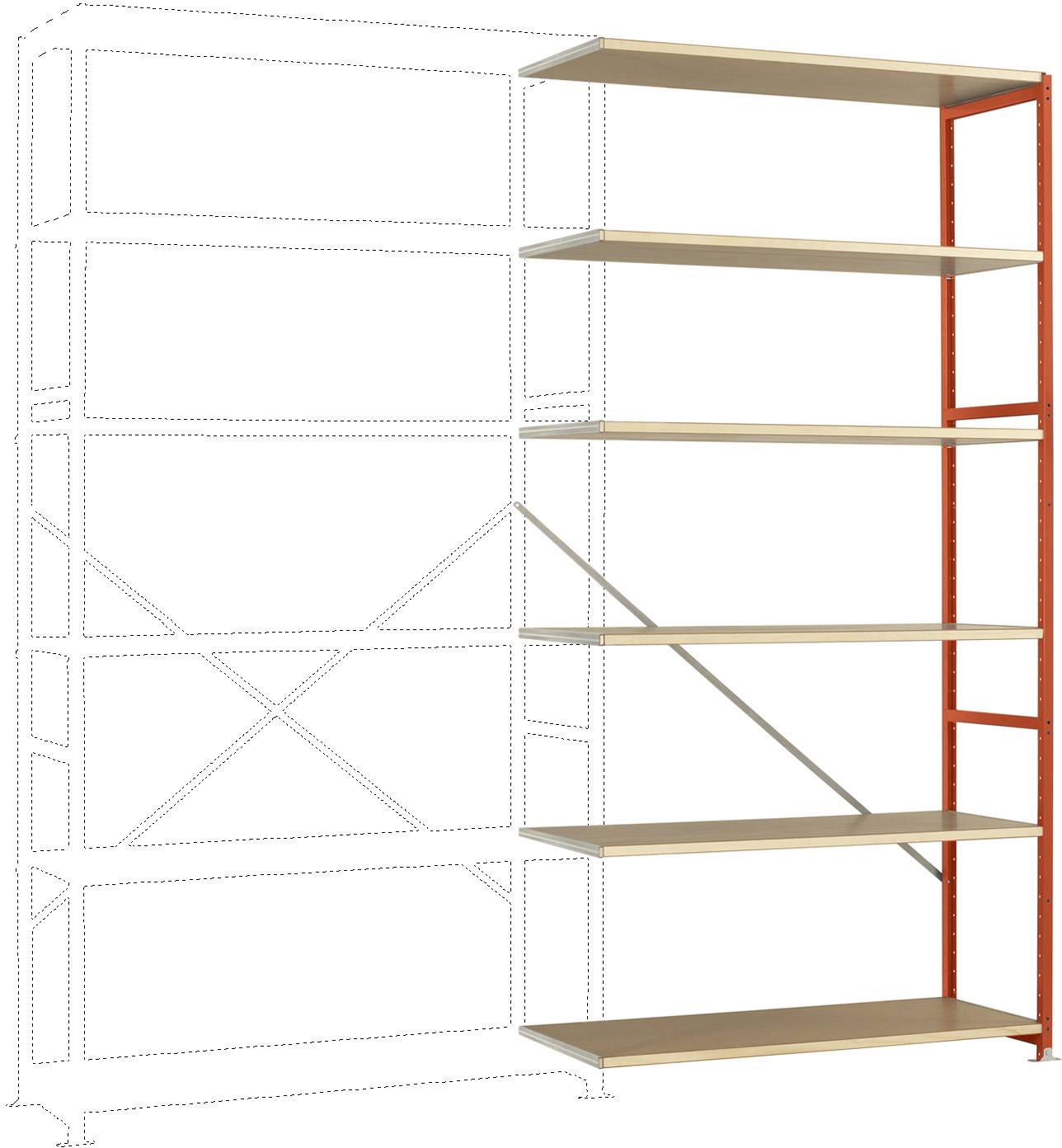 Metalen rek met zeven houten legplanken en rode verticale steunen aan de rechterkant. Het linker deel van het rek is geschetst, nog niet gemonteerd.