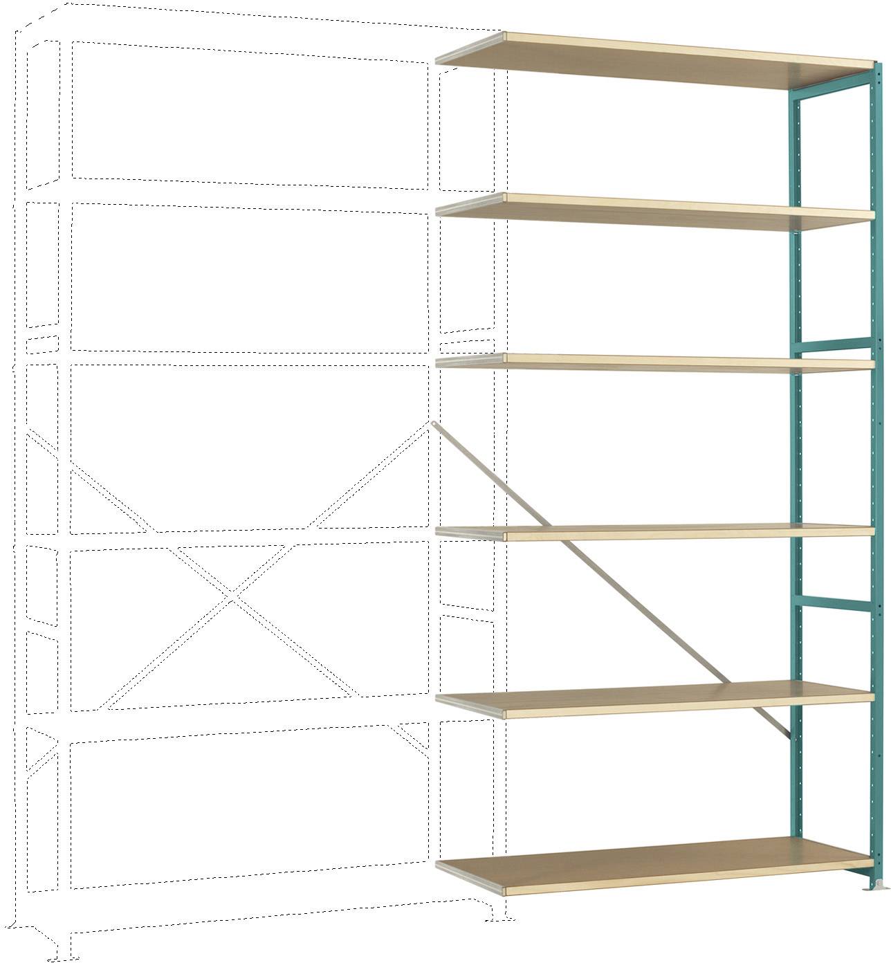Metalen rek met zes houten schappen, gedeeltelijk gemonteerd. Rechterkant met groen metalen frame, rest van de structuur schetsmatig aangegeven.