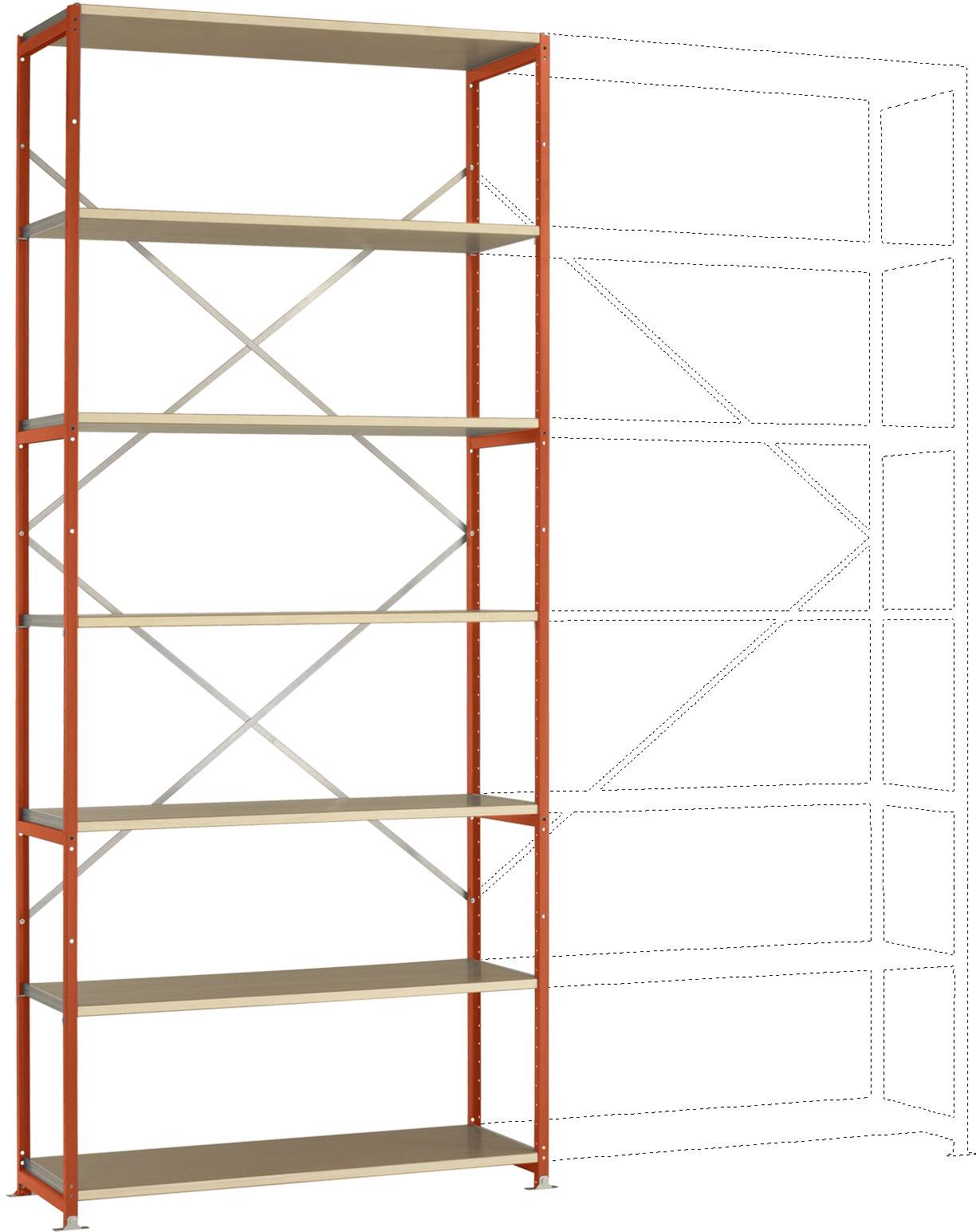 Boekenplank met zes houten planken en een rode metalen frame. Rechts een stippellijn die een mogelijke uitbreiding van de plank aangeeft.