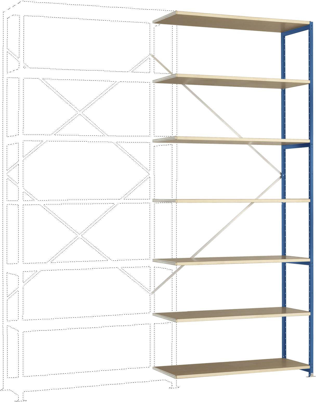Stabiele hoge opbergstelling met zes houten vakken en een blauwe metalen frame, geschikt voor opslag of organisatie.