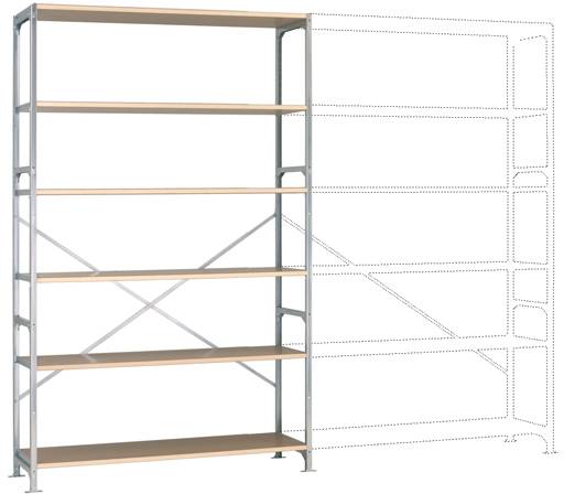 Metalen rek met vijf houten planken, naast gestippelde lijnen die uitbreidingsmogelijkheden aangeven. Robuuste constructie voor opslag.