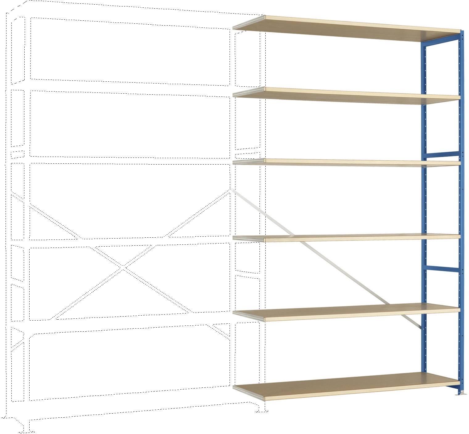 Een rek met vijf houten planken, ondersteund door een blauw metalen frame aan de rechterkant. Links aanwijzingen voor uitbreidbare onderdelen.