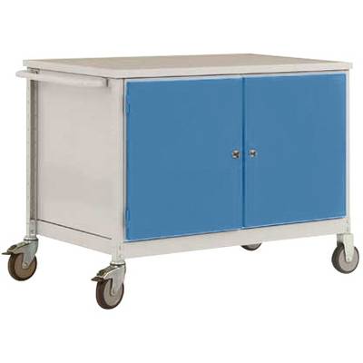 Metalen rolwagen met twee blauwe deuren en een handgreep aan de zijkant, gemonteerd op vijf zwenkwielen.