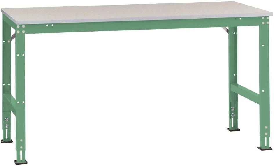 Een groene werktafel met metalen poten en een grijze tafelblad.
