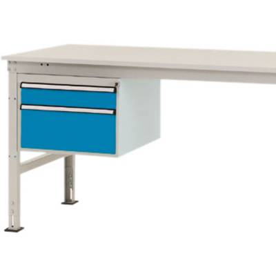 Een witte tafel met twee blauwe lades aan de linkerkant, bevestigd op een metalen sokkel.