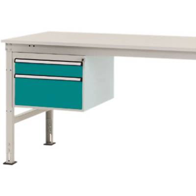 Een witte tafel met een blauwe, tweeladeige metalen container hangt aan de linkerkant. De tafel heeft metalen poten.