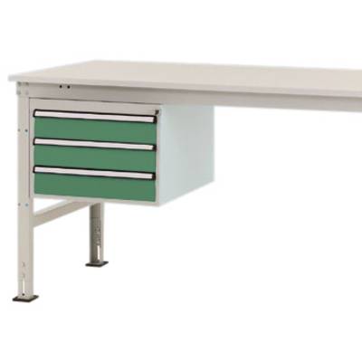 Groene ladenkast met drie laden gemonteerd onder een witte tafel.
