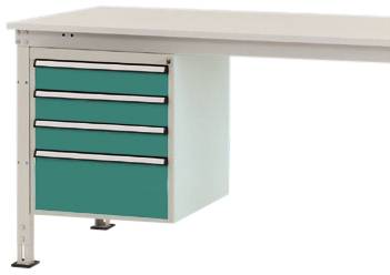 Metalen werkbank met vier turquoise laden onder het werkblad. Strak design, geschikt voor werkplaats of laboratorium.