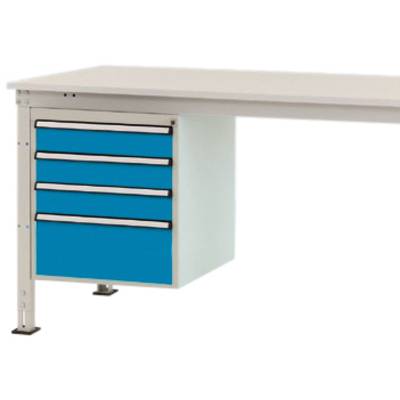 Een witte tafel met een blauw ladenblok aan de linkerkant, bestaande uit vier laden, in een kantoorontwerp.