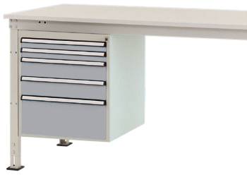 Metalen werktafel met een wit tafelblad en vier laden aan de linkerkant. Geschikt voor werkplaats- of laboratoriumwerkzaamheden.