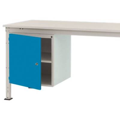 Een witte tafel met een blauwe, afsluitbare kast eronder. De kast heeft twee compartimenten en zijn deur staat open.