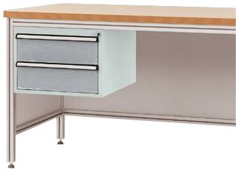 Een bureau met een houten blad en twee metalen lades aan de linkerkant eronder.
