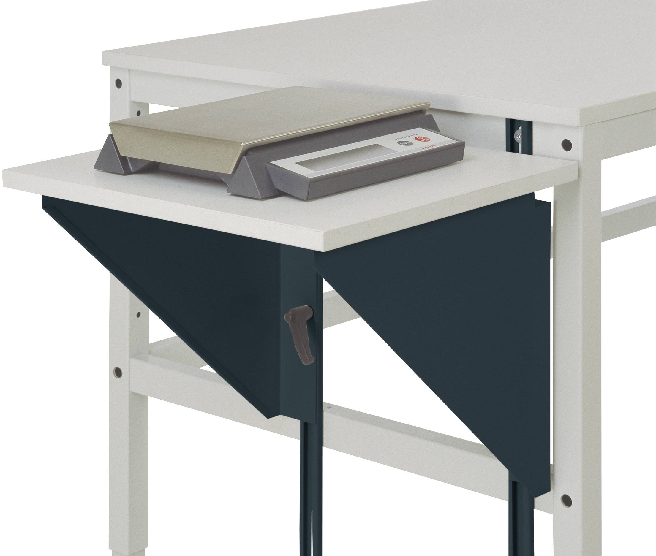 Een tafelweegschaal op een tafel met een blauwe, opvouwbare houder eronder. Het tafeloppervlak is wit.