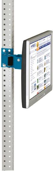 Een computerscherm is verticaal bevestigd aan een metalen staaf. Op het scherm is een website zichtbaar.
