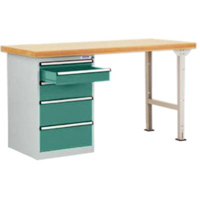 Een werkbureau met een houten blad en vier groene laden aan de linkerkant.