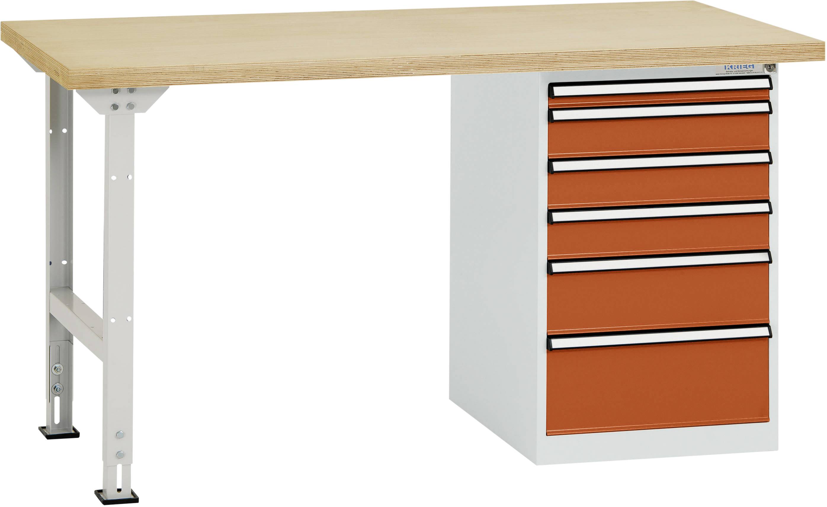 Werkbank met een houten werkblad en daaronder een ladekasten. De kast heeft zes rode laden.