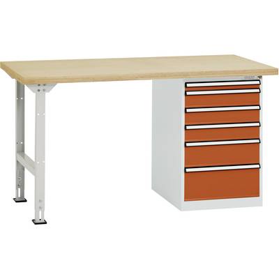 Werkbank met een houten werkblad en daaronder een ladekasten. De kast heeft zes rode laden.