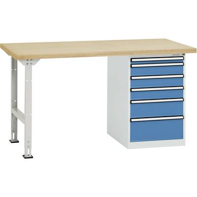 Een werkbank met een houten blad en een geïntegreerde blauwe ladekasten aan de rechterkant.