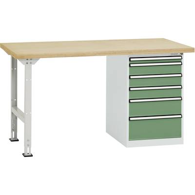 Een stabiele werktafel met een houten blad en een groene ladecontainer aan de rechterkant. Ideaal voor werkplaatswerkzaamheden.