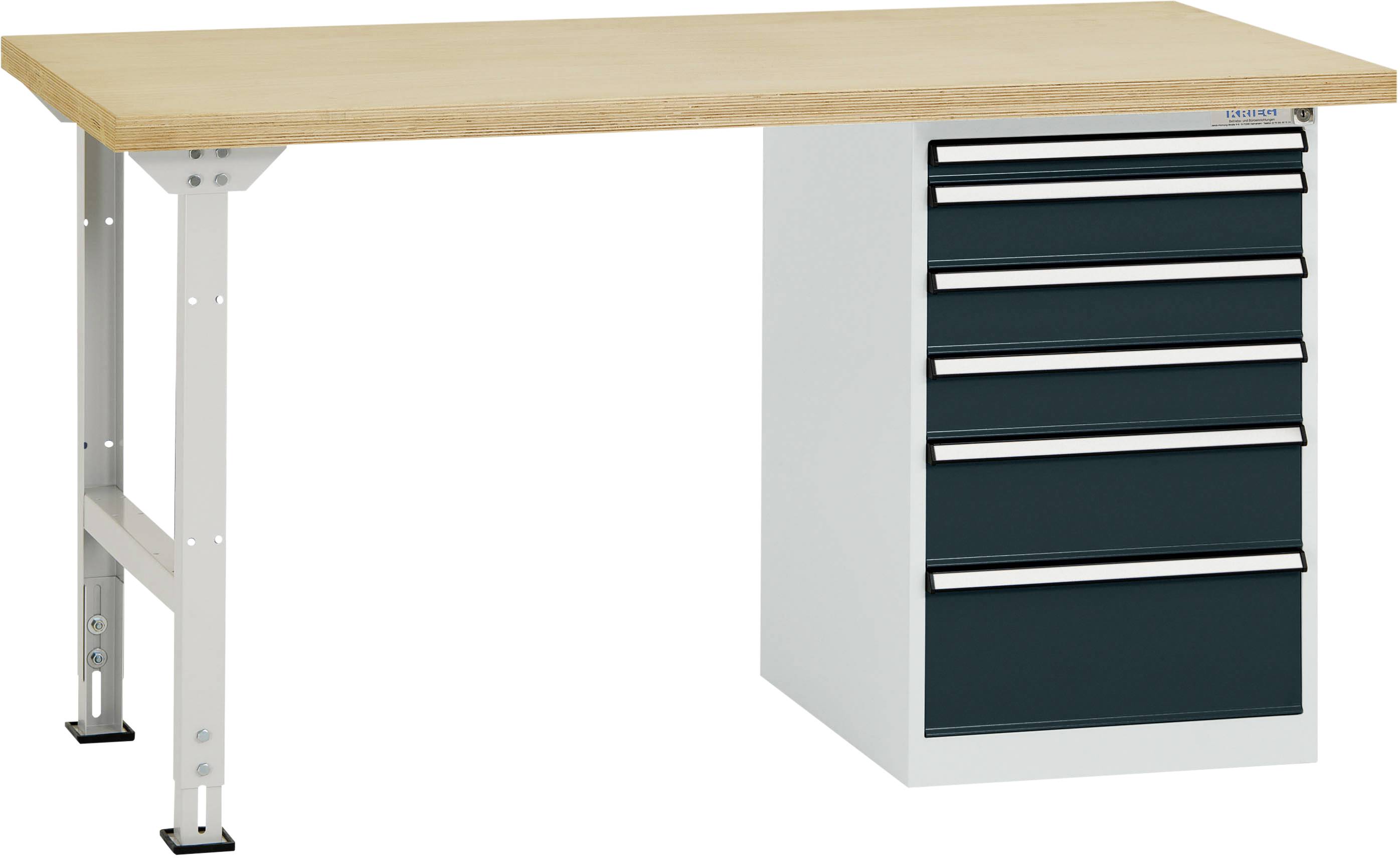 Een stabiele werktafel met een houten blad en een ladenkast met zes laden aan de rechterkant.