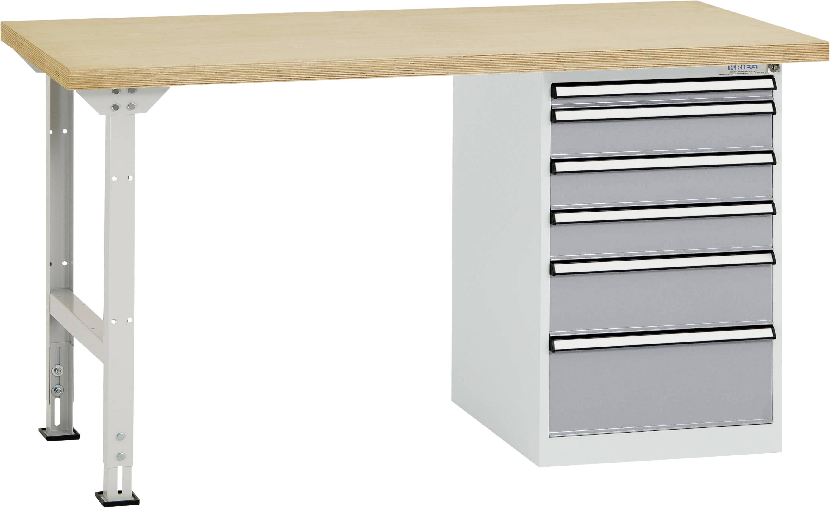 Werkbank met houten werkblad op metalen poten, rechts een ladekast met zes laden.