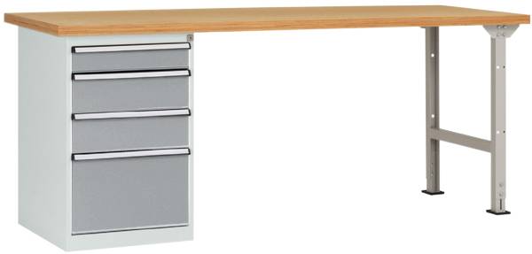 Een eenvoudige bureau met een houten blad en een metalen frame, waarbij vier zilveren lades aan de linkerkant zijn geïntegreerd.