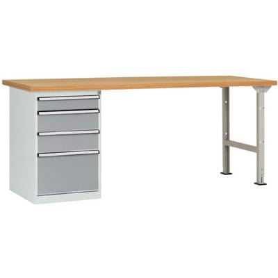 Een eenvoudige bureau met een houten blad en een metalen frame, waarbij vier zilveren lades aan de linkerkant zijn geïntegreerd.