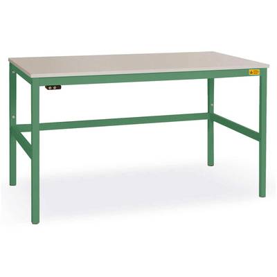 Een stabiele werktafel met een groene metalen frame en een wit werkblad, geschikt voor werkplaatsen of laboratoria.
