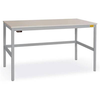 Een eenvoudige, rechthoekige tafel met metalen poten en een gladde, witte oppervlakte.