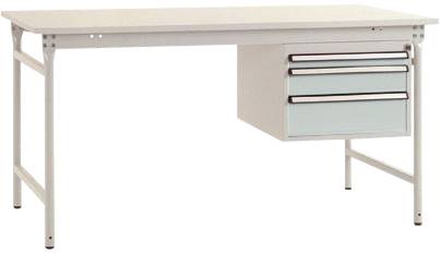 Een witte bureau met metalen poten en een ladeblok aan de rechterkant, bestaande uit drie laden.